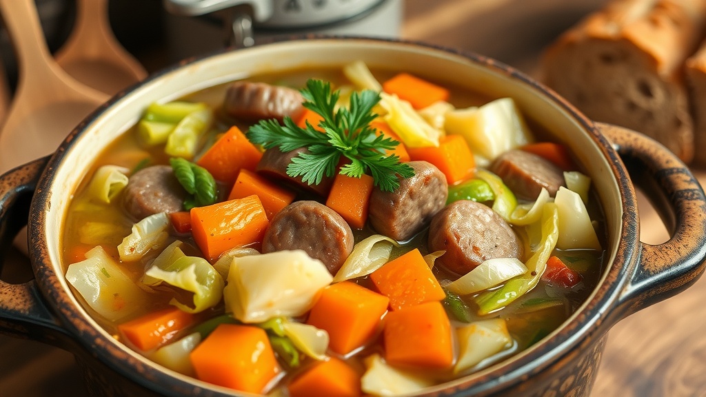 Hearty Cabbage Stew Recipe A bowl of hearty cabbage stew with cabbage, carrots, and sausage in a rustic pot, garnished with parsley.